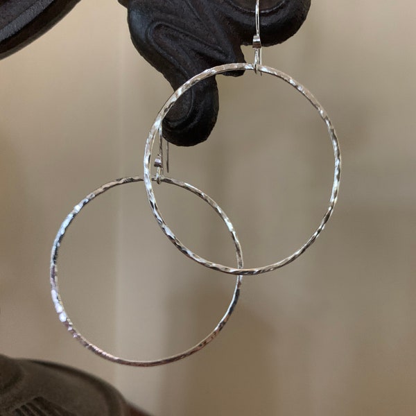 Large Hammered Hoop Earrings, Sterling Silver Classic Hoops, 1 7/8”Hoops, Simple Silver Hoop Earrings, Hand Forged Metal Jewelry