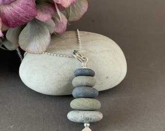 Lake Ontario, Cairn Necklace, Stacked Stone Necklace Sterling Silver, Beach Stone Jewelry, Black and Grey Stones, Beach Glass, Organic