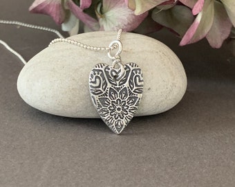 Mother’s Day Silver Heart Mandala Necklace, Boho Necklace, Sterling Silver Heart Pendant, Love Jewelry