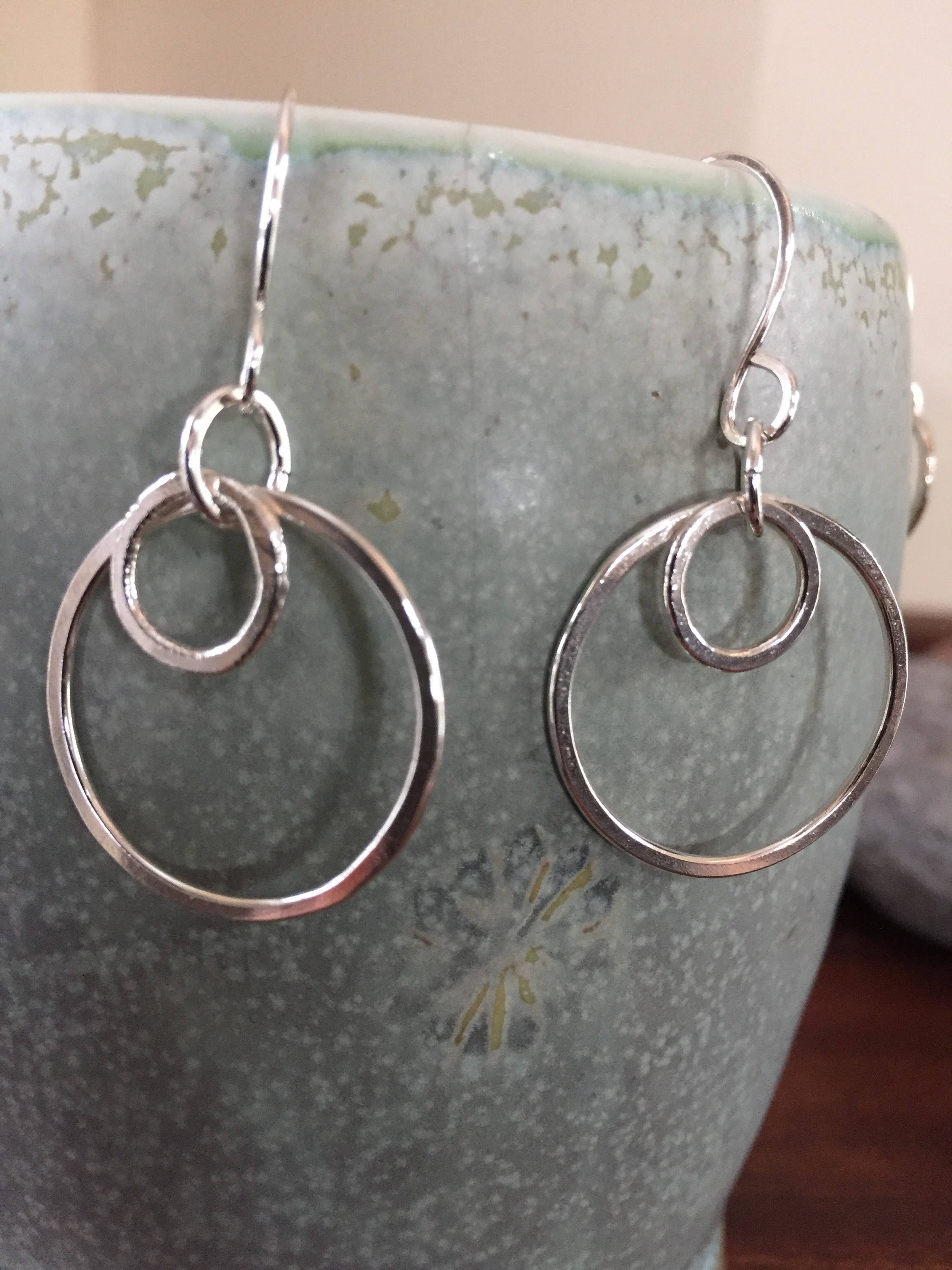 Silver Hoop Earrings Sterling Silver, Double Hoop Earrings,Elegant Medium Hoops, Hand Forged Metal Jewelry
