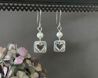 White Pearl Earrings, Square Sterling Silver and Fresh Water Pearl Dangle Earrings, Heart Earrings, Bridesmaid Gift, Bride, Wedding Gift