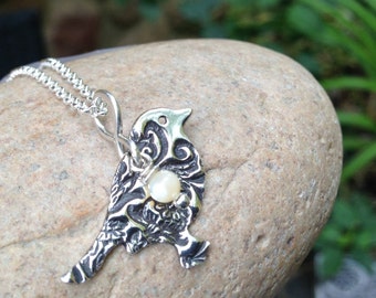 Sterling Silver Bird Necklace, Silver Bird Charm With Mother of Pearl Stone, Bird Jewelry