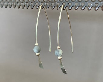 Gray Stone Threader Earrings, Matte Gray Jasper Bead, Sterling Wishbone Earrings, Thin Open Silver Hoops, Medium Hoop Earrings