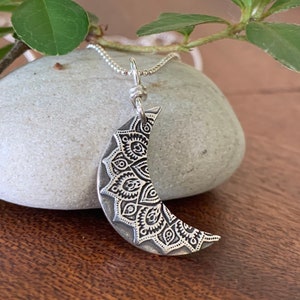 Silver Crescent Moon Necklace. Mandala Necklace, Sterling Silver Moon Mandala Pendant, Boho Style Necklace, Yoga Gift, Handmade