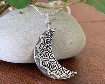 Silver Crescent Moon Necklace. Mandala Necklace, Sterling Silver Moon Mandala Pendant, Boho Style Necklace, Yoga Gift, Handmade
