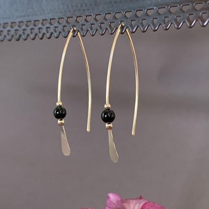 Gold Threader Earrings, 14k Gold Filled Wishbone Earrings, Black Glass Bead, Thin Open Hoops, Medium Hammered Hoop Earrings image 6