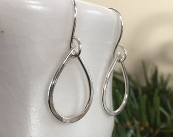 Hammered Silver Tear Drop Earrings, Sterling Medium Hoops, Dangle Tear Drop Hoop Earrings, Fine Sterling Silver by Creative Outlook