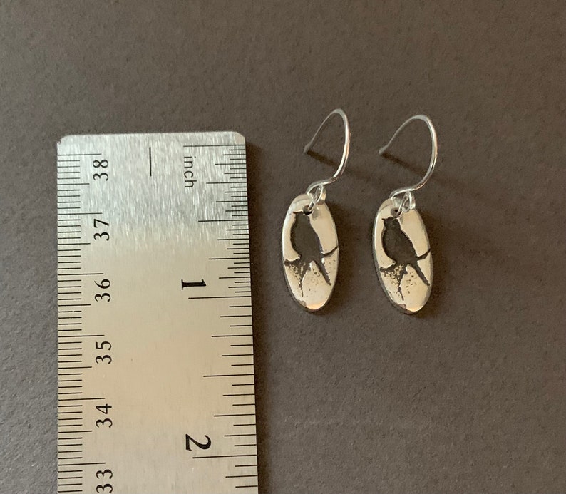 Bird Earrings, Sterling Silver Black Bird, Oval Earrings, Bird on a Wire, Hand Forged Metal Jewelry, Handmade Ear Wires image 6