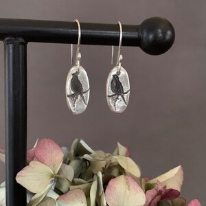 Bird Earrings, Sterling Silver Black Bird, Oval Earrings, Bird on a Wire, Hand Forged Metal Jewelry, Handmade Ear Wires image 2
