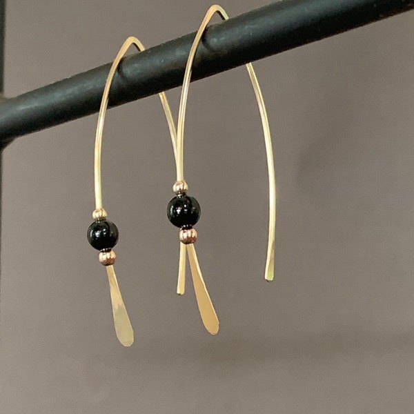 Gold Threader Earrings, 14k Gold Filled Wishbone Earrings, Black Glass Bead, Thin Open Hoops, Medium Hammered Hoop Earrings