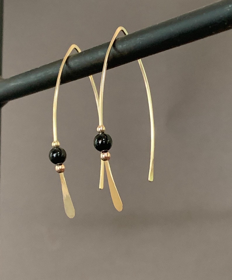 Gold Threader Earrings, 14k Gold Filled Wishbone Earrings, Black Glass Bead, Thin Open Hoops, Medium Hammered Hoop Earrings image 1