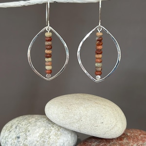 Silver Teardrop and Jasper Stone Hoop Earrings – Natural Earthtone Jewelry, Hammered Sterling Dangle Earrings, Hand-Forged Boho Jewelry
