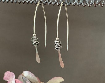 Silver Threader Earrings, Sterling Wishbone Earrings, Wire Wrapped, Thin Open Hoops, Medium Hammered Hoop Earrings