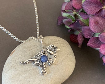 Sterling Bird Charm Pendant, Hand Stamped Patterned Pendant, Blue Sodalite Stone, Bridesmaid Jewelry