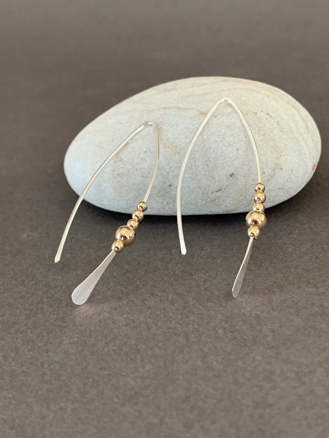 Silver and Gold Threader Earrings, Sterling Wishbone Earrings, Thin Open Hoops, Medium Hammered