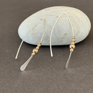 Silver and Gold Threader Earrings, Sterling Wishbone Earrings, Thin Open Hoops, Medium Hammered Hoop Earrings