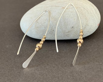Silver and Gold Threader Earrings, Sterling Wishbone Earrings, Thin Open Hoops, Medium Hammered Hoop Earrings