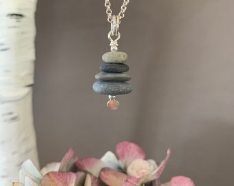 Beach Stone Necklace, Stacked Stone Pendant, Stone Cairn Nature Jewelry, Organic Black, Grey and Brown Stone, Boho Jewelry, Yoga Gift