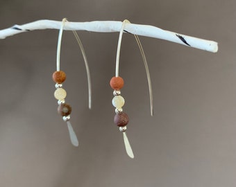 Sterling Silver Threader Earrings: Jasper Gemstones, Earthy Elegance in Shades of Cream and Terra Cotta, Thin Open Silver Hoops