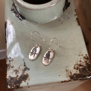 Bird Earrings, Sterling Silver Black Bird, Oval Earrings, Bird on a Wire, Hand Forged Metal Jewelry, Handmade Ear Wires image 4