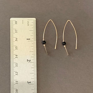Gold Threader Earrings, 14k Gold Filled Wishbone Earrings, Black Glass Bead, Thin Open Hoops, Medium Hammered Hoop Earrings image 8