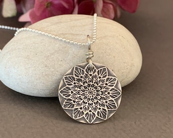 Mandala Necklace, Sterling Silver Mandala Pendant, Flower Charm, Boho Jewelry, Circle Mandala, Spiritual Necklace, Yoga Gift