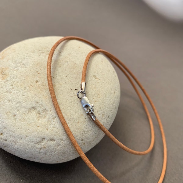 18" Tan Leather Cord, Natural Leather Cord Necklace 1.5mm, Sterling Silver Lobster Clasp, Pendant Cord Necklace