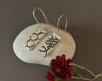 Sterling Silver Bumblebee and Flower Earrings - Be Happy with Mismatched Bee & Honeycomb Jewelry