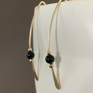 Gold Threader Earrings, 14k Gold Filled Wishbone Earrings, Black Glass Bead, Thin Open Hoops, Medium Hammered Hoop Earrings image 4