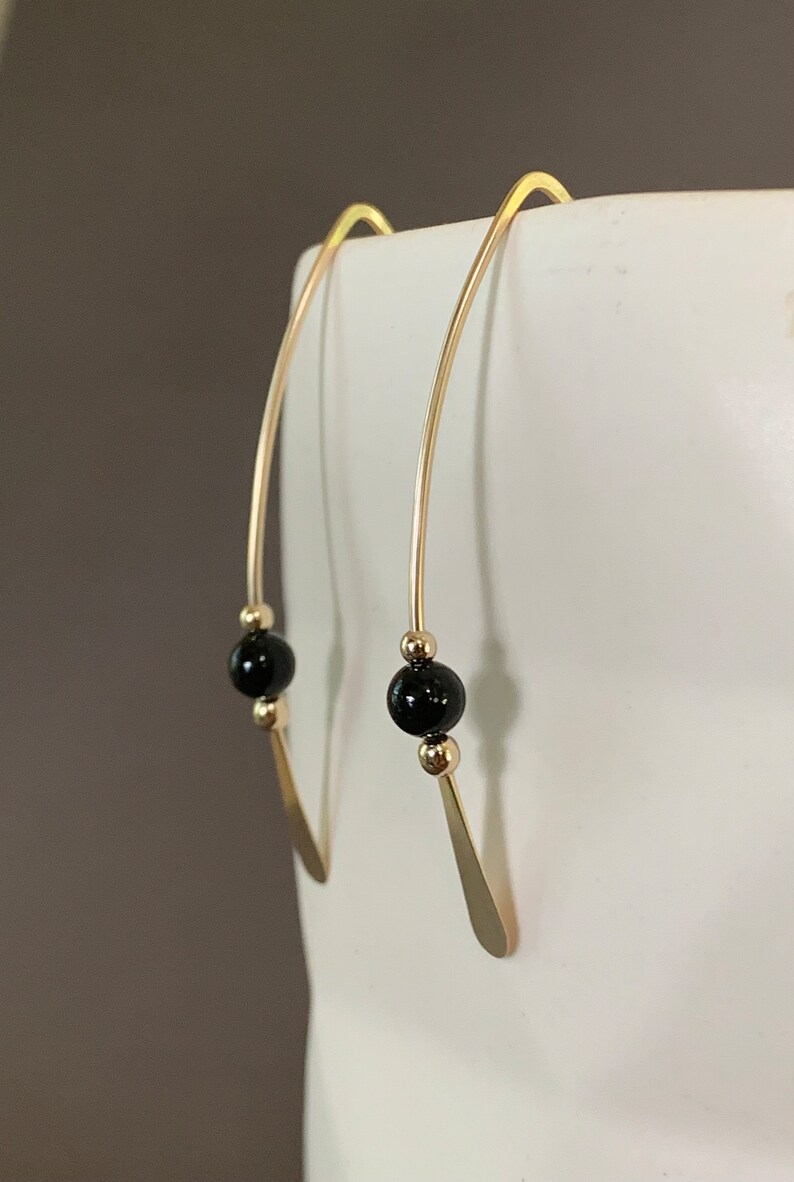 Gold Threader Earrings, 14k Gold Filled Wishbone Earrings, Black Glass Bead, Thin Open Hoops, Medium Hammered Hoop Earrings image 4