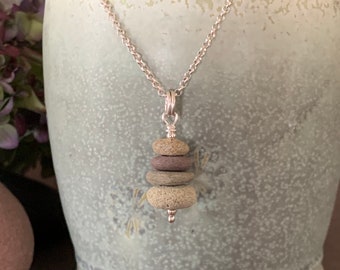 Beach Stone Necklace, Stacked Stone Pendant, Stone Cairn Nature Jewelry, Organic Black, Grey and Brown Stone, Boho Jewelry, Yoga Gift