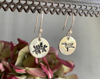 Silver Hummingbird Earrings, Mismatched Earrings, Bird Earrings, Sterling Bird Charm, Flower Earrings, Bird Lover Gift