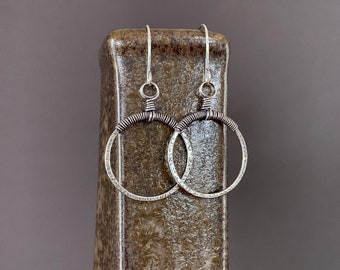 Wire Wrapped Silver Hoop Earrings, Sterling Medium Hammered Hoops, Sterling Silver Classic Hoops, Hand Forged Metal Jewelry