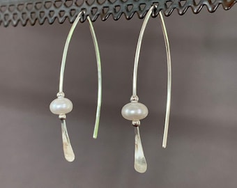 Silver Pearl Threader Earrings, Pearl Sterling Wishbone Earrings, Thin Open Hoops, Delicate Hoops with Freshwater Pearls