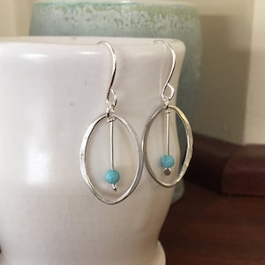 Medium Oval Hoop Earrings, Sterling Silver Hand Forged Metal Hoop Earrings with Turquoise Bead