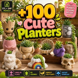 Peut inclure: Une collection de divers pots de fleurs décoratifs aux formes variées, incluant une figure arborée, un chat, un escargot, un crâne, un coquillage et un nuage arc-en-ciel, chacun contenant une petite plante succulente sur une surface en bois.