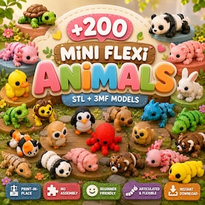 May include: A collection of over 200 articulated mini animal figures including a turtle, panda, axolotl, duck, rabbit, frog, lion, penguin, octopus, and owl. The image features the text +200 MINI FLEXI ANIMALS STL + 3MF MODELS with icons.