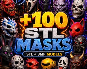 May include: A digital collection of 100 STL and 3MF mask models for 3D printing. The image displays various designs including a red demon, a white ghost, a black panther, a purple oni, a skull, a blue dragon, a rabbit, and a gas mask.