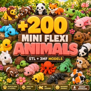 May include: A collection of 200 mini flexi animal figures including a lion, panda, fox, frog, axolotl, duck, rabbit, turtle, pig, octopus, and alligator. The text reads +200 MINI FLEXI ANIMALS STL + 3MF MODELS, ARTICULATED & FLEXIBLE, NO ASSEMBLY.
