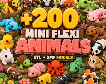 May include: A collection of 200 mini flexi animal figures including a lion, panda, fox, frog, axolotl, duck, rabbit, turtle, pig, octopus, and alligator. The text reads +200 MINI FLEXI ANIMALS STL + 3MF MODELS, ARTICULATED & FLEXIBLE, NO ASSEMBLY.