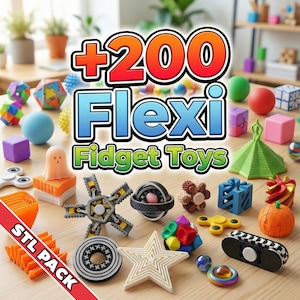 May include: A selection of colourful Flexi Fidget Toys, including cubes, spinners, and geometric shapes. The image features a variety of textures and designs, with the text "+200 Flexi Fidget Toys" and "STL PACK".