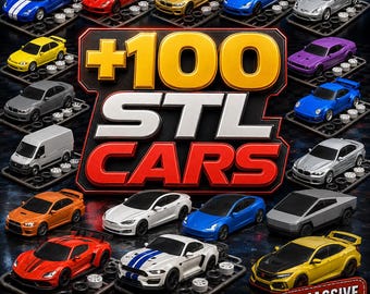 Peut inclure: Une collection numérique de plus de 100 modèles de voitures STL pour impression 3D, incluant diverses voitures de sport, berlines et un fourgon en rouge, bleu, jaune, blanc, argent et violet. Le texte +100 STL CARS est affiché en évidence.