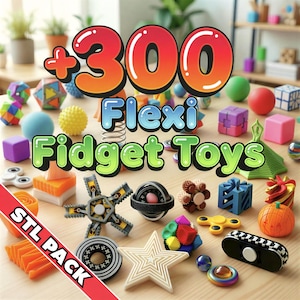 May include: A collection of colorful Flexi Fidget Toys, including cubes, spinners, and geometric shapes. The image features the text "+300 Flexi Fidget Toys" and "STL PACK" on a wooden surface. Various colors and textures are visible.