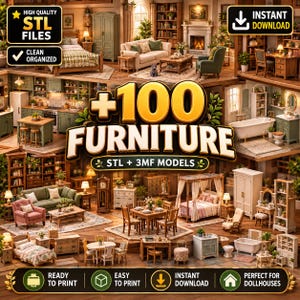 May include: A digital collection of over 100 miniature furniture STL and 3MF files for dollhouses, featuring various room scenes including bedrooms, kitchens, and living areas with detailed wooden beds, tables, chairs, and bathroom fixtures.