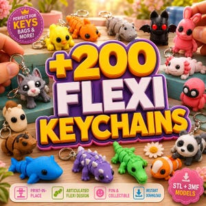 Può includere: Una collezione di piccoli portachiavi a forma di animale articolati in vari colori, tra cui giallo, arancione, grigio, nero, rosa, marrone, blu, viola e verde. Il testo centrale recita +200 FLEXI KEYCHAINS, con STL + 3MF MODELS.