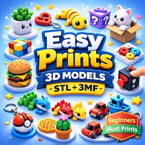 May include: A colourful graphic featuring 3D models such as a burger, a Rubik's cube, and toy cars. The text "Easy Prints 3D Models" is displayed, along with "STL+3MF" and "Beginners Must Prints". The image is filled with bright, cartoon-style objects.