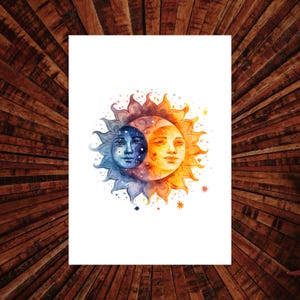 Poster Druck A4 / Sonne / Spirituell / Mond / Boho / Bohemien / Aquarell / Sommerlich / Wandbild / Wanddekoration / Dekoration