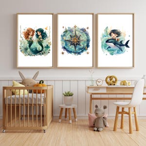 Poster Druck A4 / Meerjungfrauen / Kompass / Junge auf Wal / Unterwasserwelt/ Aquarell / Kinderzimmer / Geschenk / Boho / Kindergeburtstag