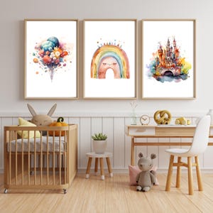 Poster Druck A4 / Geburtstag / Feiern / Regenbogen / Schloss / Luftballons / Aquarell / Kinderzimmer / Geschenk / Boho / Kindergeburtstag