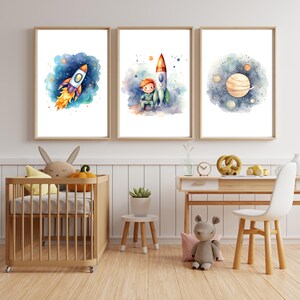 Poster Druck A4 / Rakete / Weltall / Raumfahrt / Planeten / Universum/ Mond /  Aquarell / Kinderzimmer / Geschenk / Boho / Kindergeburtstag